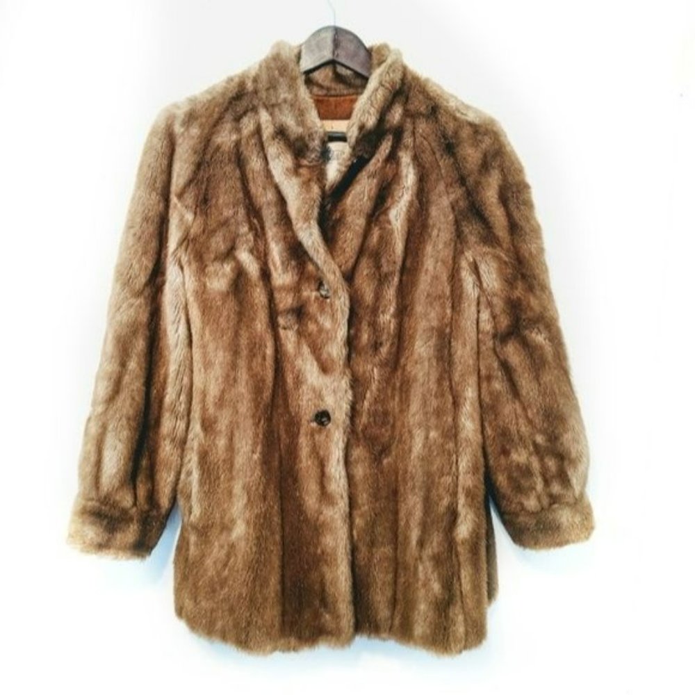 Vintage 1960s Adolph Schuman For Lilli Ann Caramel Brown Faux Fur Leather Coat